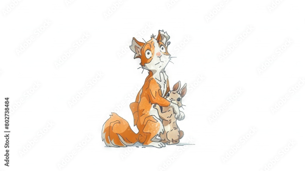 Fototapeta premium A sketch of a fox and a canine sitting together against a pure white backdrop
