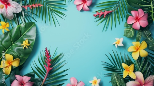 Lush tropical flora on a teal background, with colorful flowers and varied green leaves creating a paradise vibe. Summer background. Copy space. Place for text. Generative AI. 