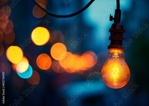 Glowing Vintage Light Bulb with Blurred Colorful Bokeh Background at Night