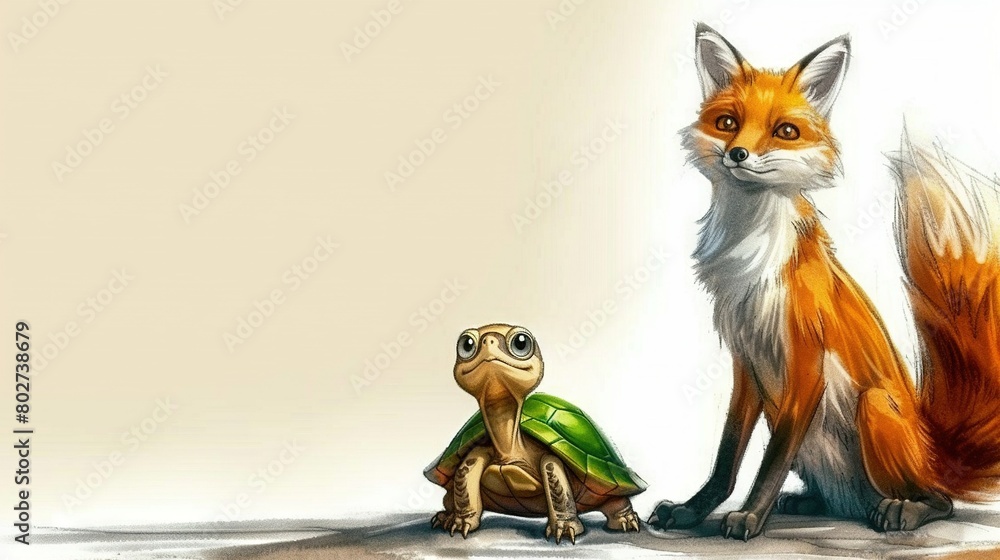 Fototapeta premium A fox and a tortoise face each other on a canvas of pure white