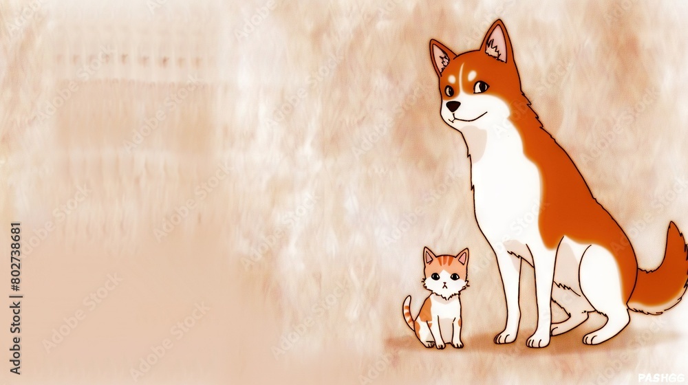 Fototapeta premium Illustration of a dog and cat together on a brown-white background