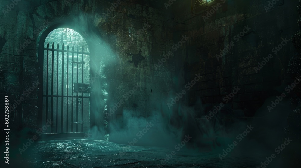 Haunting storage room in a dungeon, a sliver of light from an opened door reveals a ring gate and layers of mist, all set against a backdrop of darkness Haunting storage room in a dungeon, a sliver of light from an opened door reveals a ring gate and layers of mist, all set against a backdrop of darkness
