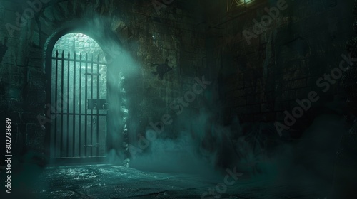 Haunting storage room in a dungeon, a sliver of light from an opened door reveals a ring gate and layers of mist, all set against a backdrop of darkness