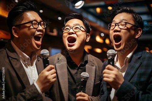 two asian businessmen singing karaoke with a western friend : Generative AI photo