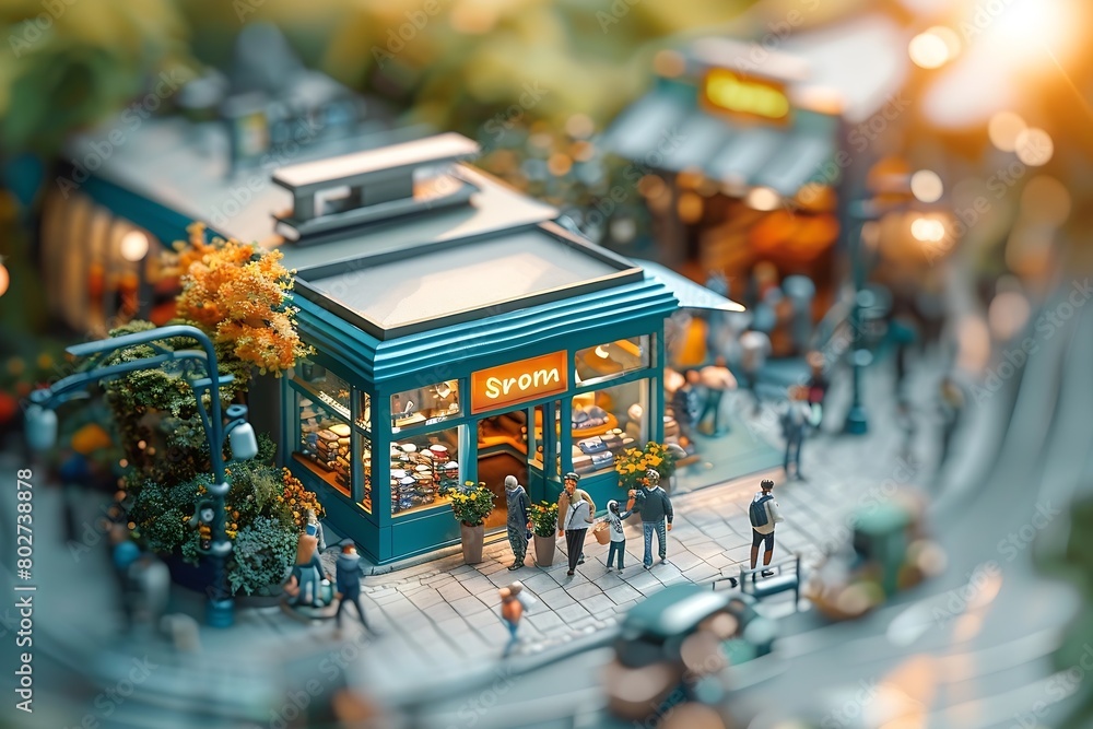 miniature set up of a blue shop, people surrounding shop, : Generative AI