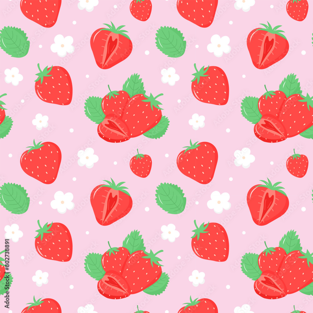 Juicy summer seamless pattern with strawberries. Vector illustration for print, textile, flyer, card Juicy summer seamless pattern with strawberries. Vector illustration for print, textile, flyer, card