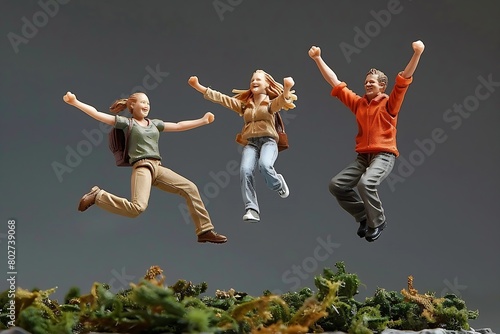 Miniature, three people jumping up, toy figures : Generative AI