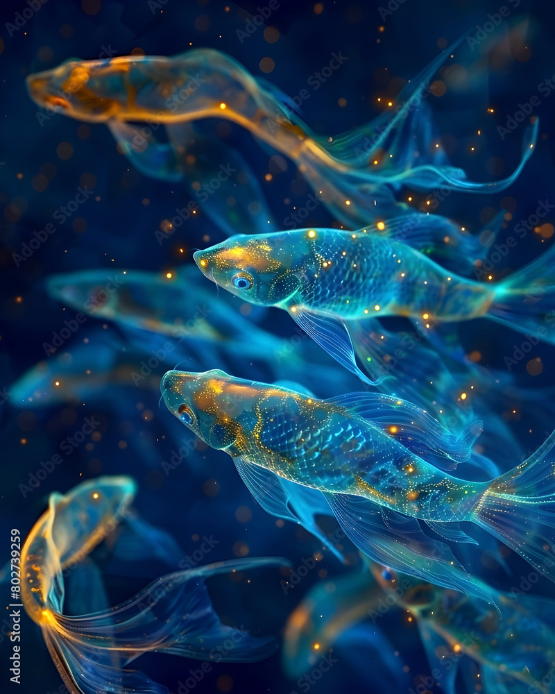 Ethereal Bioluminescent Fish Swarm in Alien Mesopelagic Underwater Realm Ethereal Bioluminescent Fish Swarm in Alien Mesopelagic Underwater Realm