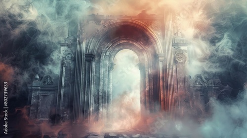 Ominous gates of hell with enveloping smoke and souls in agony  juxtaposed against the serene doors of heaven  shrouded in mist
