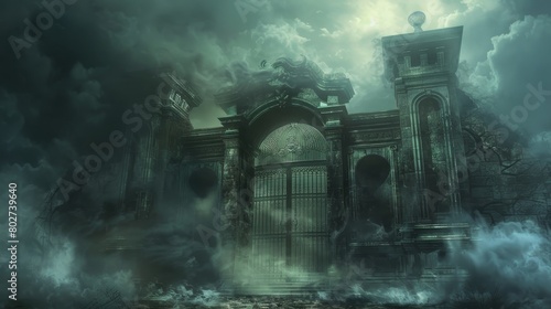 Ominous gates of hell with enveloping smoke and souls in agony, juxtaposed against the serene doors of heaven, shrouded in mist