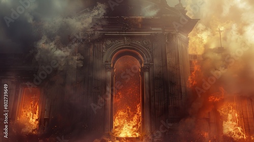Ominous gates of hell with enveloping smoke and souls in agony  juxtaposed against the serene doors of heaven  shrouded in mist