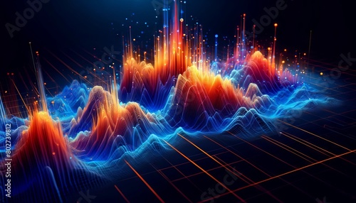 An abstract representation of a digital waveform pulsating along a grid, using the same vibrant color contrasts and digital art technique as the origi.