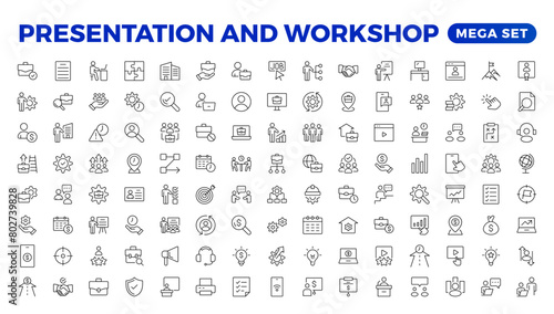 Workshop icon set. Containing team building, collaboration, teamwork, coaching, problem-solving and education icons.Business presentation line icons Presentation, business, seminar, partnership, goals