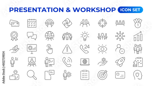 Workshop icon set. Containing team building, collaboration, teamwork, coaching, problem-solving and education icons.Business presentation line icons Presentation, business, seminar, partnership, goals
