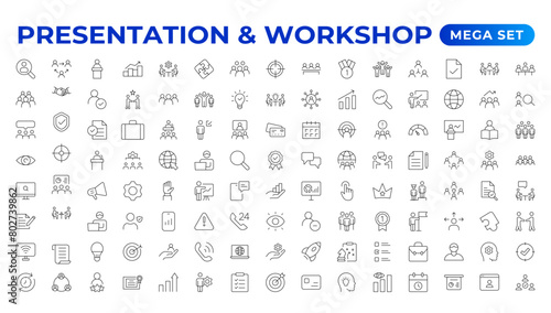 Workshop icon set. Containing team building, collaboration, teamwork, coaching, problem-solving and education icons.Business presentation line icons Presentation, business, seminar, partnership, goals photo