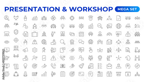 Workshop icon set. Containing team building, collaboration, teamwork, coaching, problem-solving and education icons.Business presentation line icons Presentation, business, seminar, partnership, goals