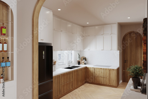 Modern Japanese style kitchen room with minimalist built-in cabinet and fridge