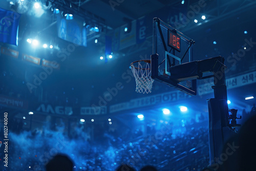 A basketball net is suspended in the air in a stadium photo