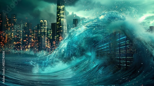 A digital tsunami wave, composed of malicious code and viruses, crashing over a firewall barrier protecting a cityscape of network servers. 32k, full ultra hd, high resolution