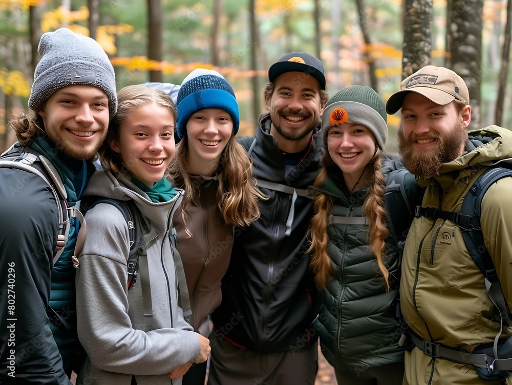 a group of a gorpcore college students smiling in the forest during a stop on an easy hiking : Generative AI