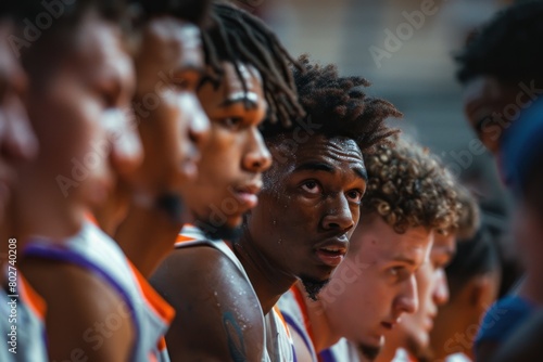 A group of basketball players are huddled together photo