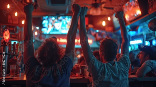 A group of people are at a bar  cheering and holding up their hands