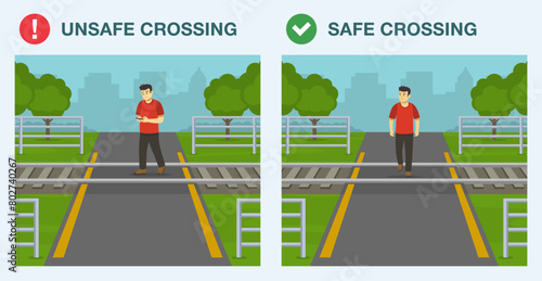 Railroad safety rules and tips. Safe and unsafe railroad crossing. Cross when it is safe. Do not use mobile phone on or near railway tracks. Flat vector illustration template.