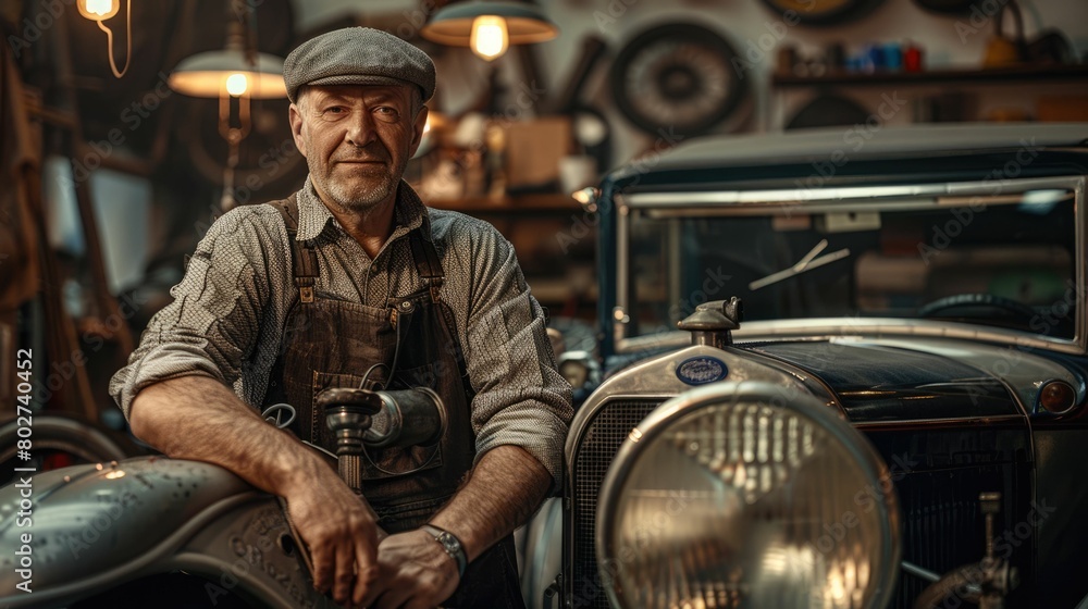 The picture of the adult mechanic looking at the camera with the vintage car in the automobile workshop that use for checking and repairing the various vehicle that need to use the experience. AIG43.