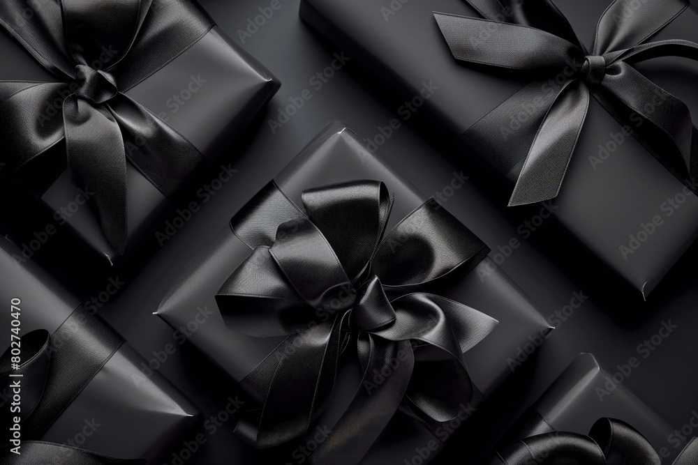 Stylish holiday decoration concept. black boxes with bows on top Stylish holiday decoration concept. black boxes with bows on top