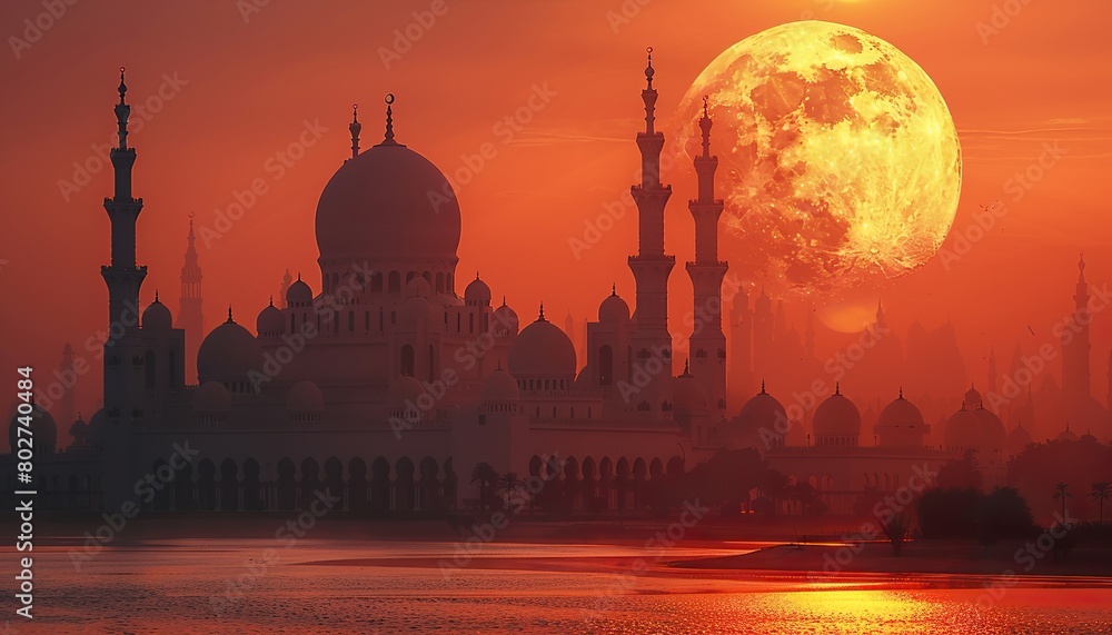 Crescent moon and mosque silhouettes
