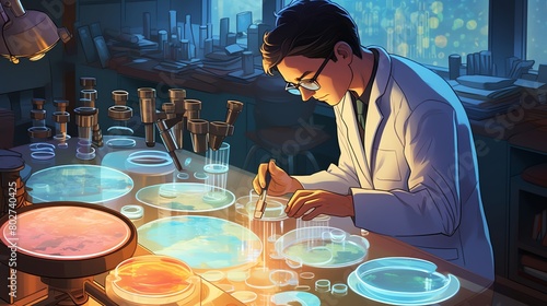 A scientific researcher in a lab examining samples under a microscope surrounded by petri dishes and medical equipment focused on disease study and breakthroughs