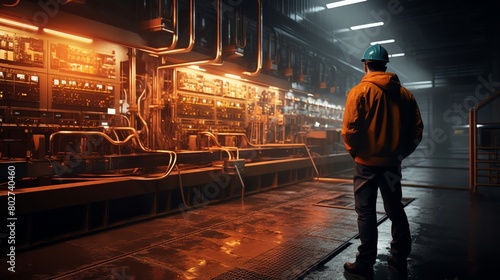 An engineer in a highvisibility jacket inspecting the control systems in a modern hydroelectric power plant emphasizing infrastructure and energy production
