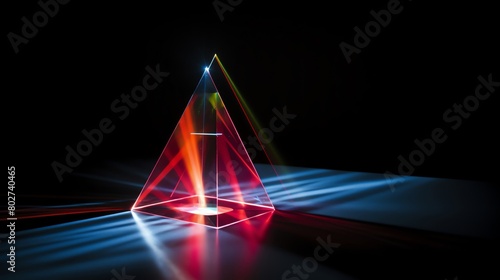 An experiment demonstrating the properties of light and refraction featuring a laser beam passing through prisms on a dark isolated background