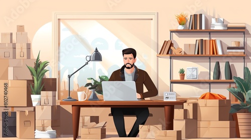 An entrepreneur in a home office setting up a digital shop on a laptop surrounded by products and packaging materials showcasing selfearned income