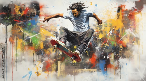 An urban scene with a skateboarder performing a jump framed against a graffiticovered backdrop showcasing freedom of expression and urban culture