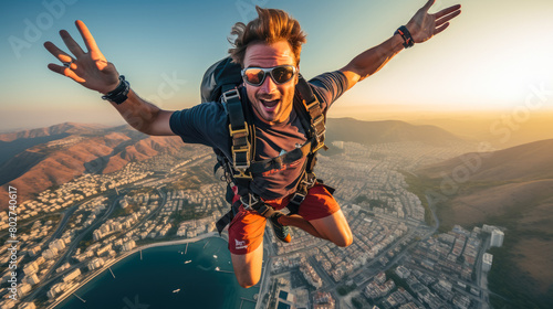 Skydiving, Free-fall excitement, Heart-pounding dives, Sky-high views, Parachute moments, Aerial perspectives photo