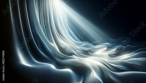 A close shot of a silvery white fabric of light, flowing like a waterfall, set against a shadowy background. photo