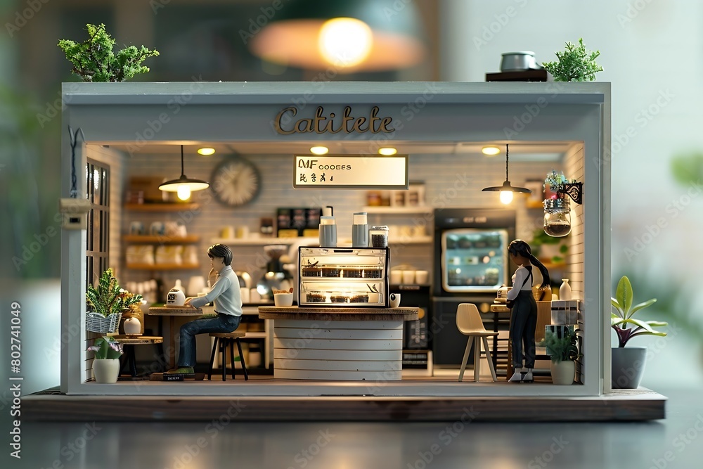 minimalist, miniature green cafe, customers, drink a, bright studio  : Generative AI
