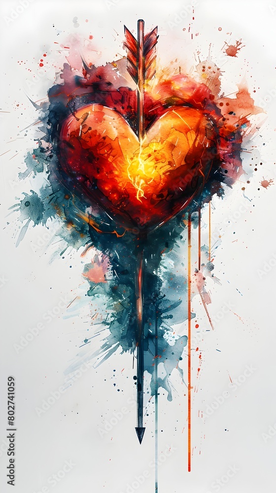 Ignited Heart - Watercolor Painting of Cupid's Arrow Striking and Igniting Passionate Love's Flame on Isolated Background with Cinematic Photographic Ignited Heart - Watercolor Painting of Cupid's Arrow Striking and Igniting Passionate Love's Flame on Isolated Background with Cinematic Photographic