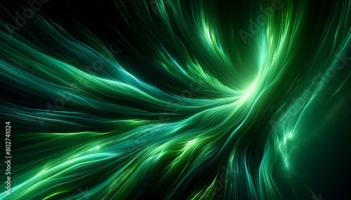An emerald energy stream cascading over a dark void, reminiscent of the aurora borealis. photo