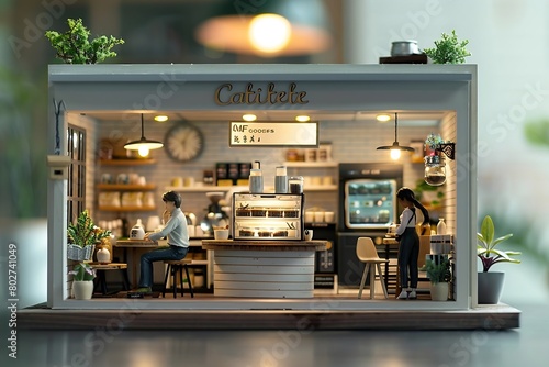 minimalist, miniature green cafe, customers, drink a, bright studio : Generative AI