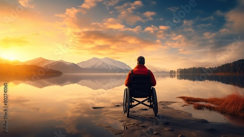 A wheelchair user appreciates a beautiful  vibrant landscape  a testament to adventure and exploration  regardless of disability