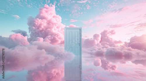 Pastel dreamland featuring a door amidst clouds, with a reflective lake scene in soft shades of blue and pink, creating an inviting, calm atmosphere