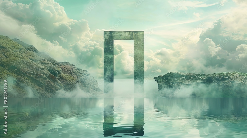 Sage green landscape portraying a door leading to a mystical lake reflection, under dreamy clouds, ideal for a serene and rhythmic visual