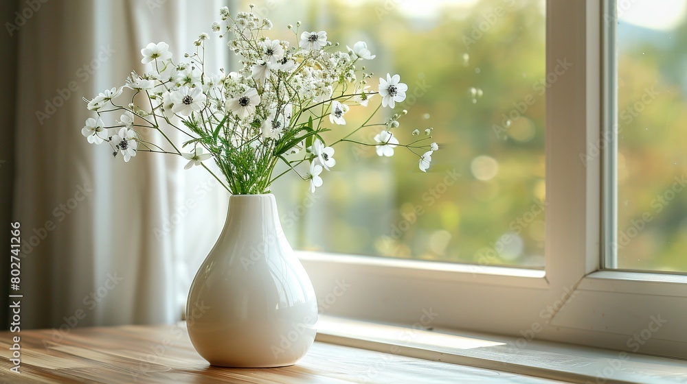 A white vase overflowing with vibrant blooms perched atop a windowsill adjacent to another A white vase overflowing with vibrant blooms perched atop a windowsill adjacent to another
