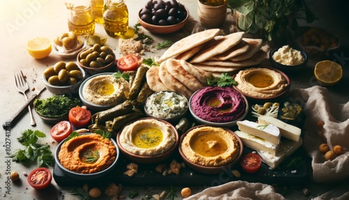 A Mediterranean-inspired spread with various hummus flavors, pita bread, stuffed grape leaves, and a selection of Greek cheeses.