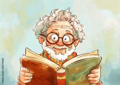 Cheerful Elderly Man with Glasses Enjoying a Good Book, Illustrated Portrait