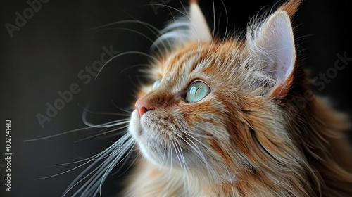   A feline's visage, with widened eyes and billowing mane, captured in close focus photo