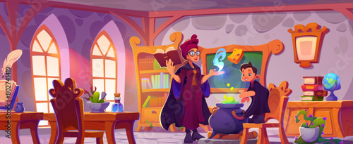 Woman wizard in magic school room with old book. Witch classroom with child boy and teacher near cauldron with potion or poison. Fairy tale class or alchemist laboratory with desk and bookcase