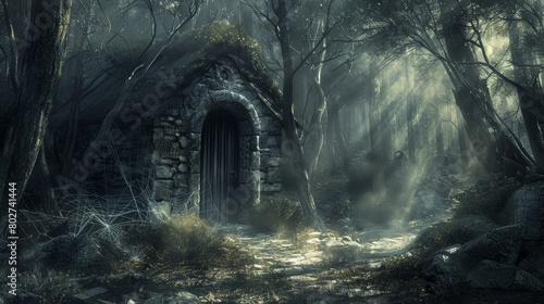 Scary forest hut shrouded in cobwebs and mist  light from an opened door casts shadows  revealing a smoky path leading to a dark ring gate